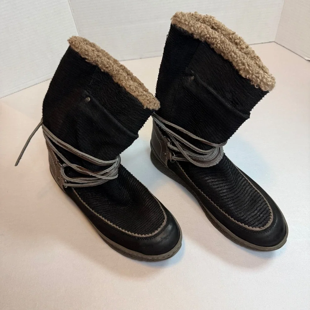 OTBT Womens Black Slope Faux Shearling Lined Winter Boots Mid Calf Wrap Lace